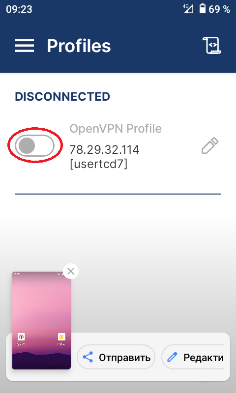 Кнопка подключения OpenVPN